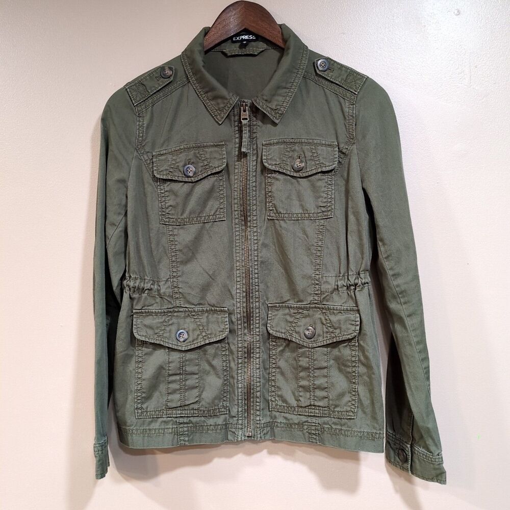 Express Military Jacket Womens XS Olive Green Army‎ Field Coat Cargo Grunge